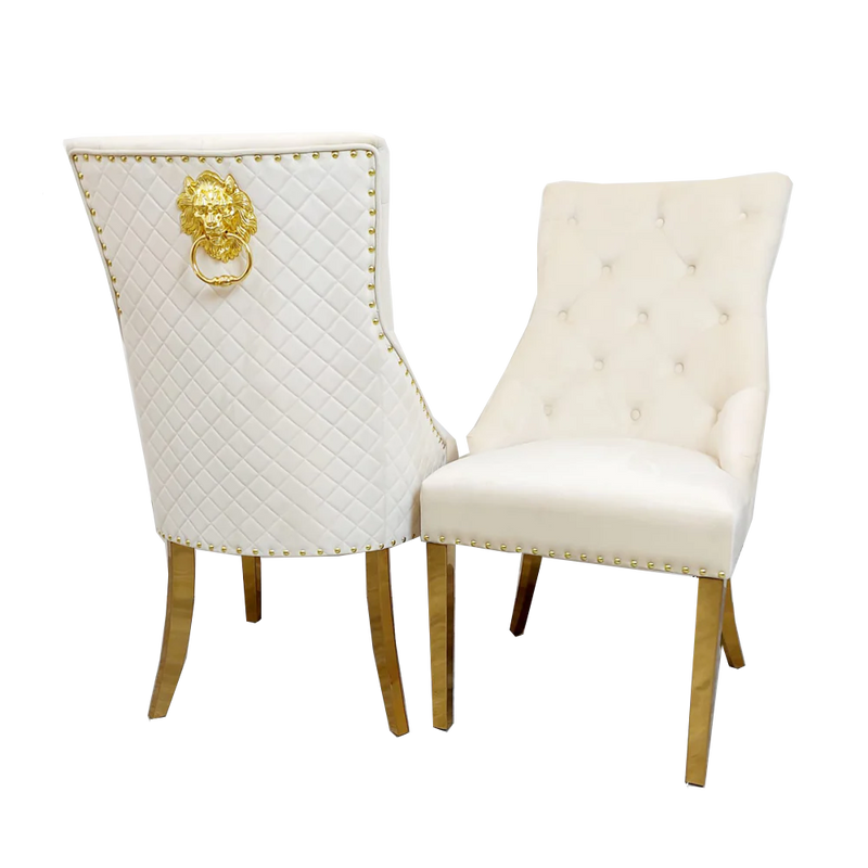 Chelsea Cream Velvet tufted back Studded Lion Head Dining Chair - GOLD LEGS