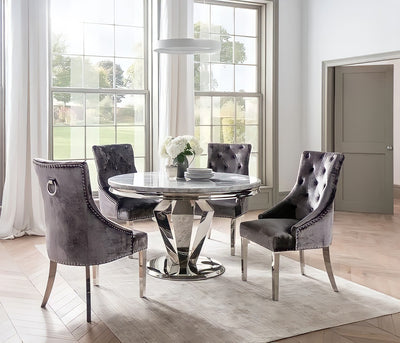 The Arturo Grey Marble Rounded Dining set with 4/6 Knocker Back Dining Chairs (130CM)