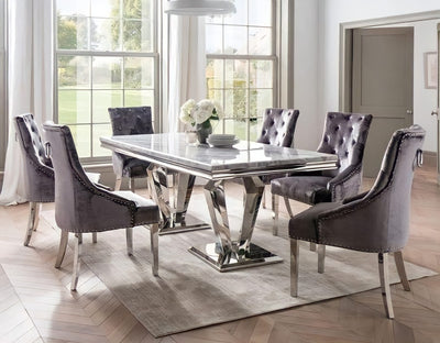 The Arturo Grey Marble Dining set with 4/6 Knocker Back Dining Chairs (180CM)