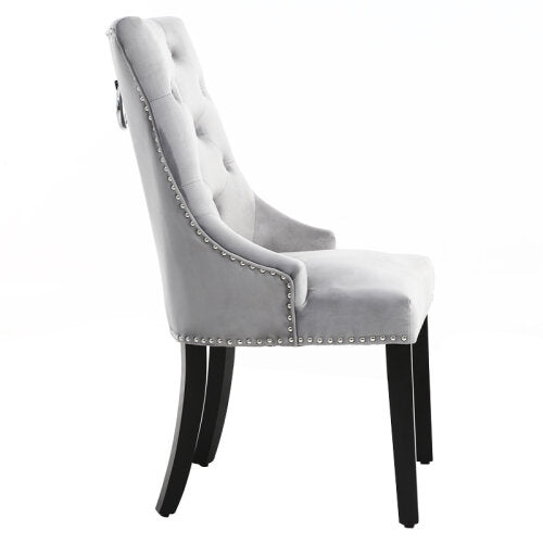 Ring Knocker Back, Brushed Velvet Fabrics, Dining Chairs, Dark Wooden Legs- ( Light Grey )