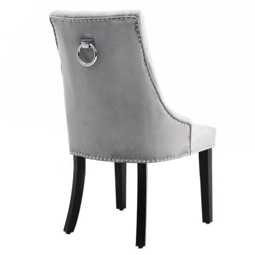 Ring Knocker Back, Brushed Velvet Fabrics, Dining Chairs, Dark Wooden Legs- ( Light Grey )