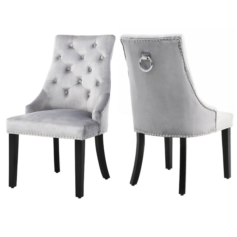 Ring Knocker Back, Brushed Velvet Fabrics, Dining Chairs, Dark Wooden Legs- ( Light Grey )