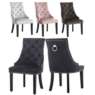 Ring Knocker Back, Brushed Velvet Fabrics, Dining Chairs, Dark Wooden Legs- ( Light Grey )